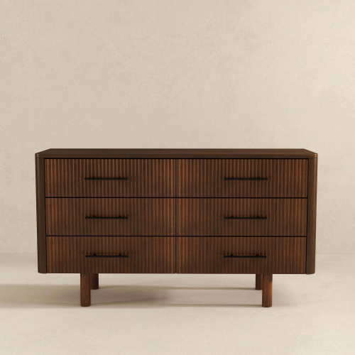 Logan Solid Wood 6-Drawer Dresser – 55” Walnut Bedroom Storage (Mid-Century Modern)