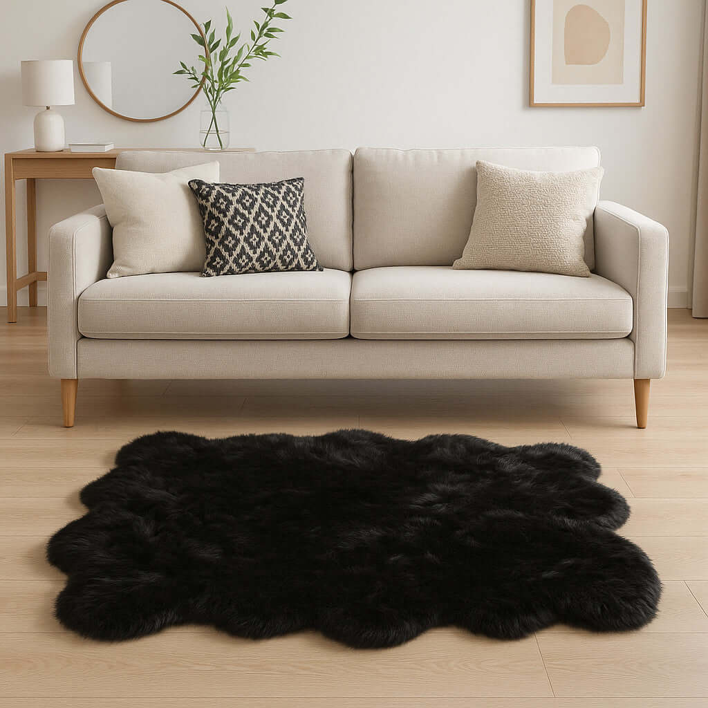 Scalloped faux fur shag rug in black under a modern sofa for stylish home decor.
