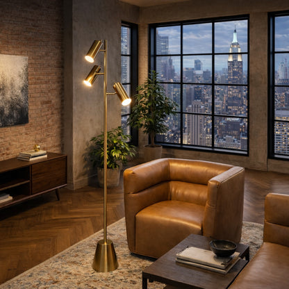 Lumina Brassed Gold Floor Lamp – 63"H Triple-Spot Standing Lamp with Cone Base