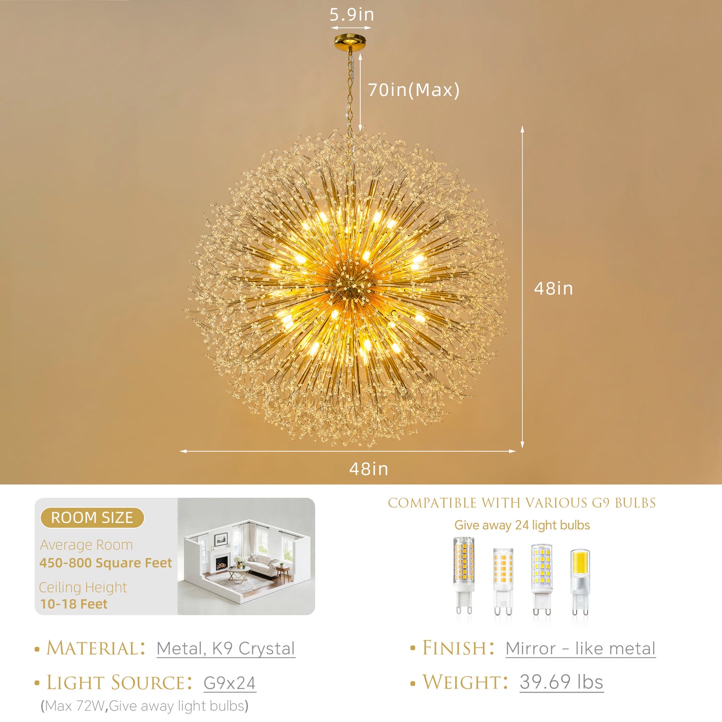 48" Dandelion Crystal Chandelier – Gold Sputnik Ceiling Light – view 12