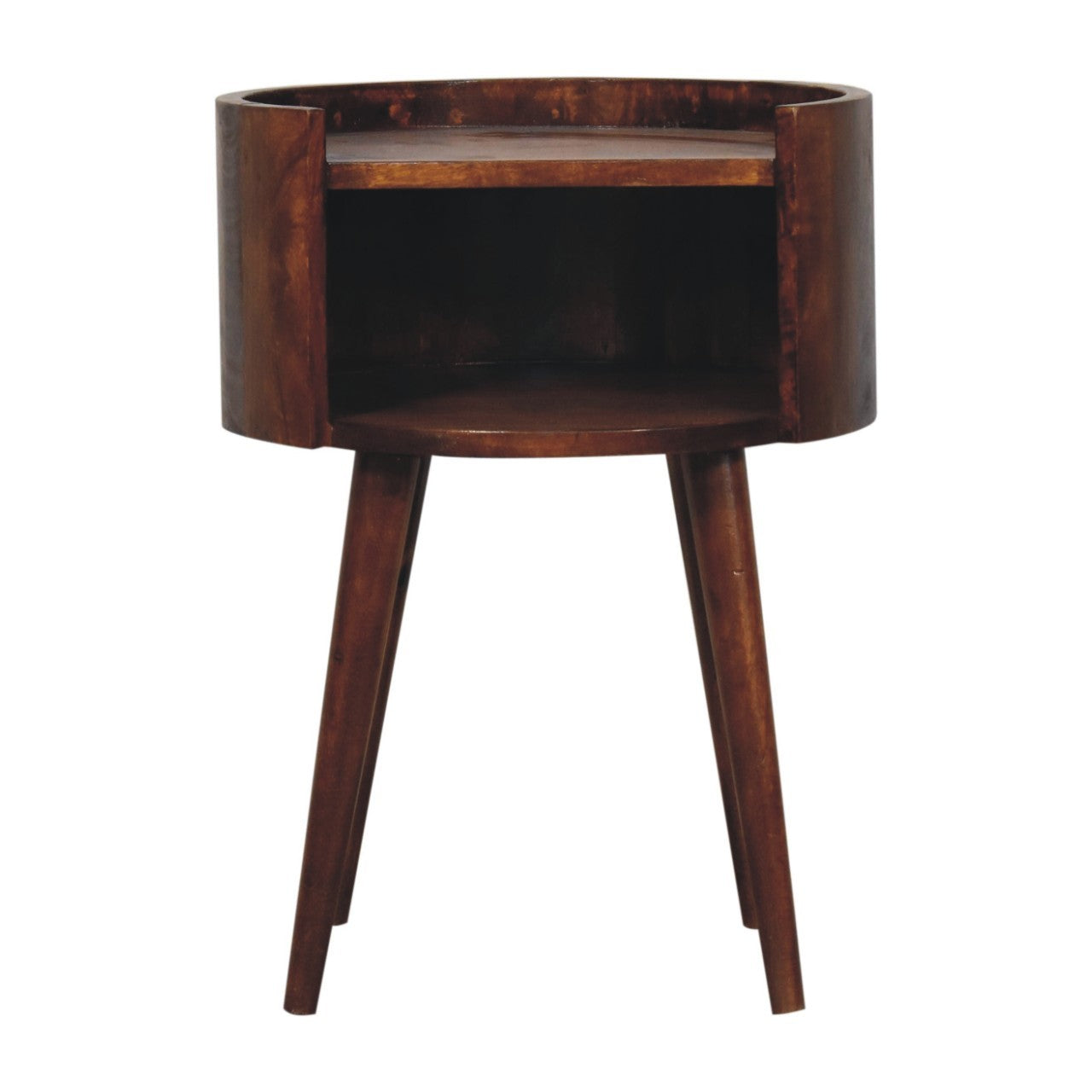 Abner Chestnut Mango Wood Bedside Table – 20" Round Open-Shelf Nightstand