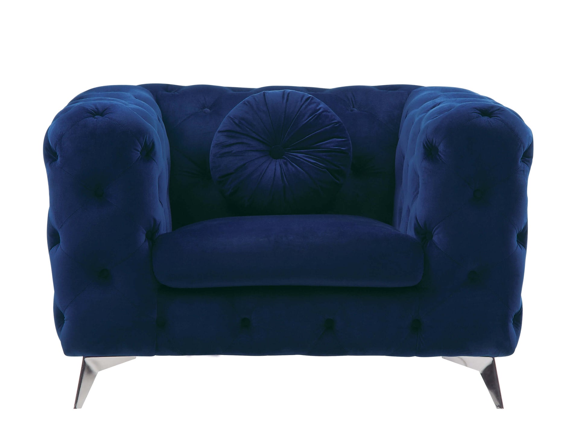 Atronia Luxe Deco Blue Tufted Velvet Armchair 41"W featuring plush sapphire velvet upholstery and stylish high-shelter arms.