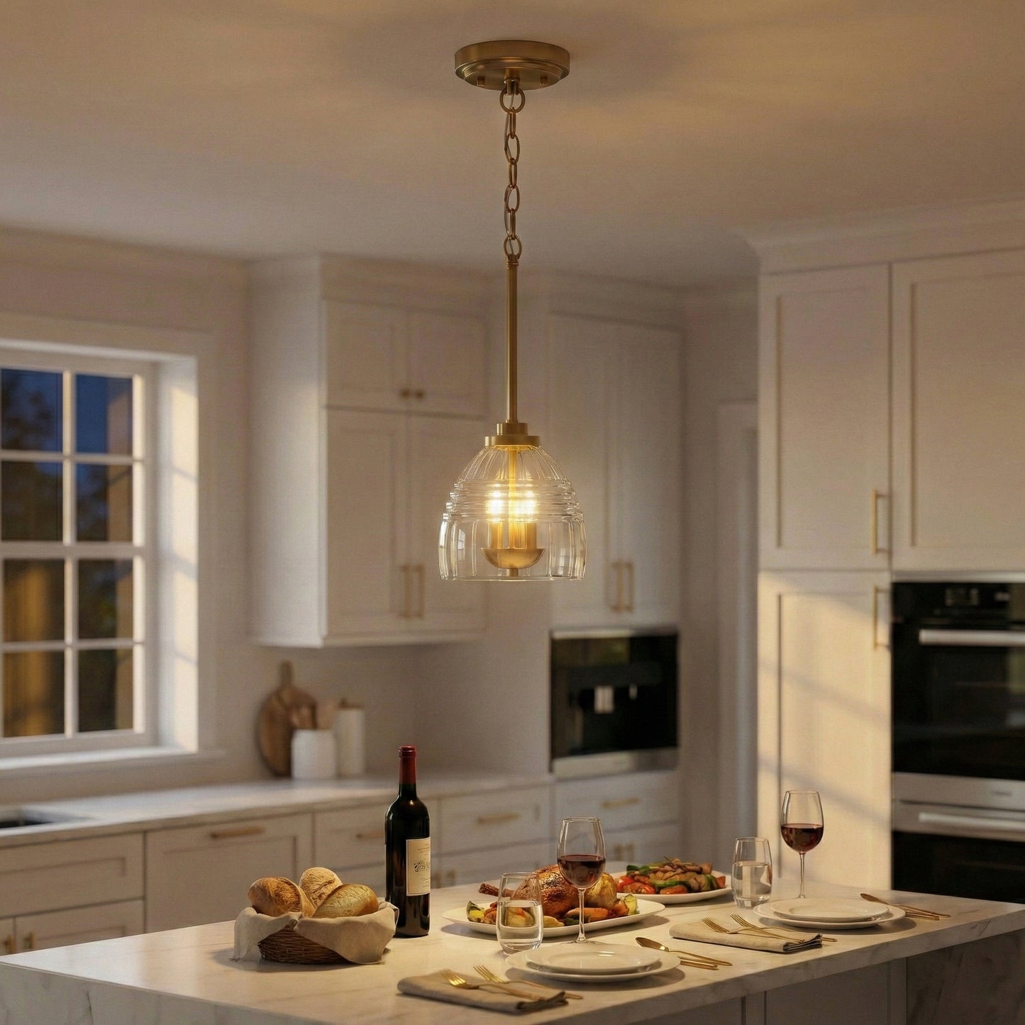 Ember Satin Brass Three-Light Chain Pendant – 11" Clear Glass Candle Pendant
