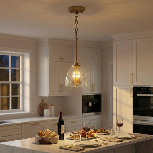 Ember Satin Brass Three-Light Chain Pendant – 11" Clear Glass Candle Pendant