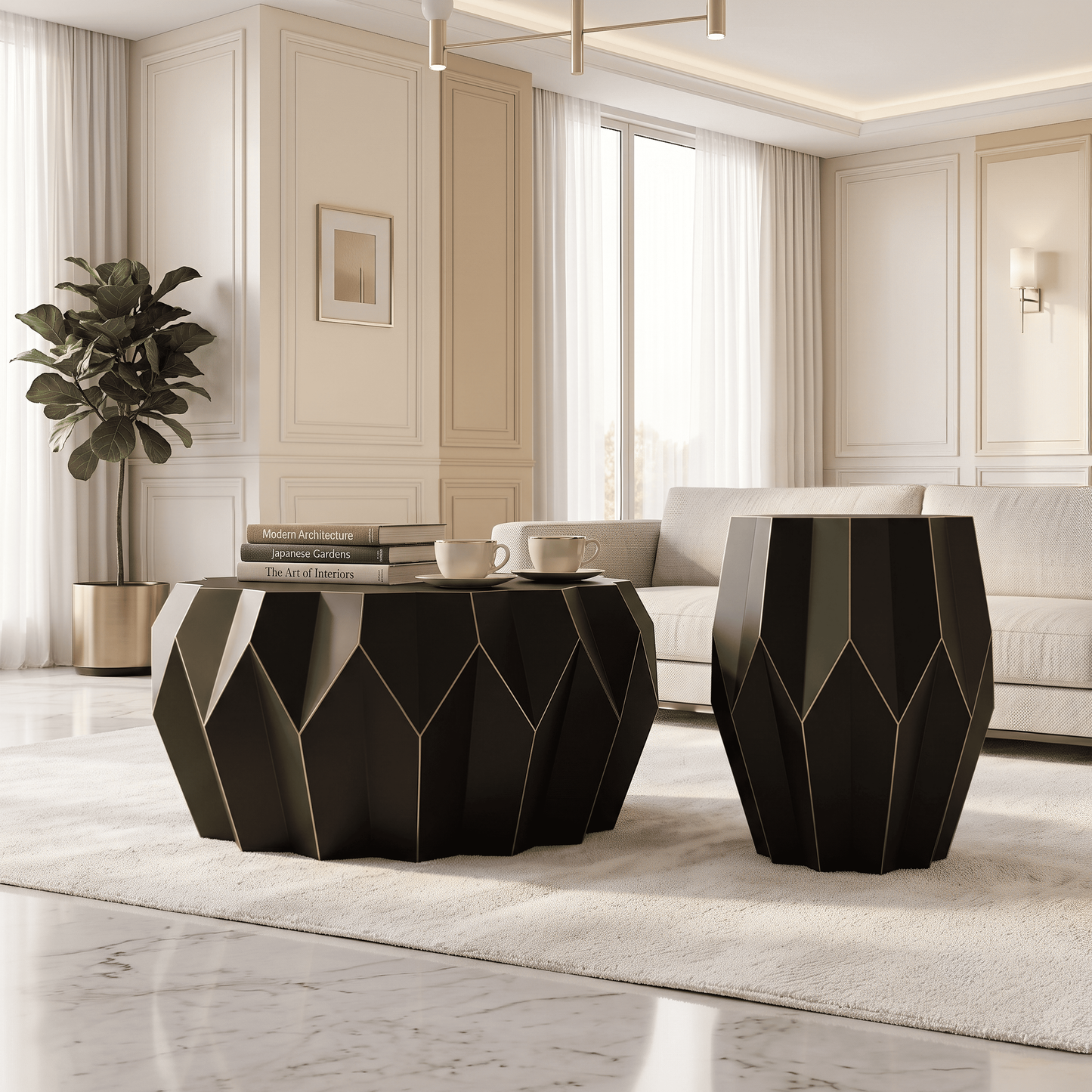 Kirby Black Geometric Aluminum Coffee Table Set – 2-Piece Coffee Table & End Table with Gold Accents