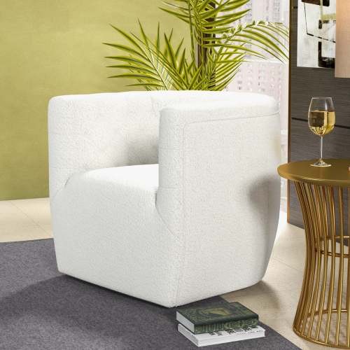 Delaney Tufted Swivel Barrel Chair – Modern Accent Chair (Multiple Colors & Fabrics) in white fabric setting.