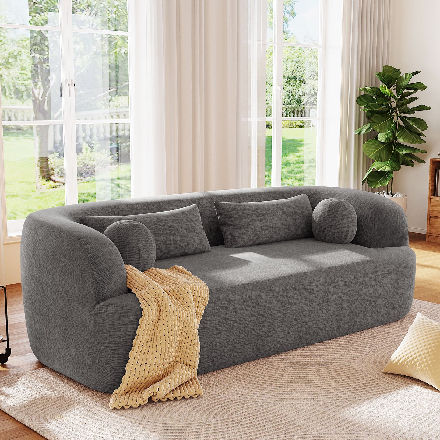 Penrose Gray Chenille Boneless Sofa – 86" Curved Cloud Couch with Pillows