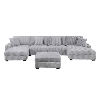 Keira Corduroy Modular U-Sectional Sofa – 6-Piece Set with USB & Cup Holder