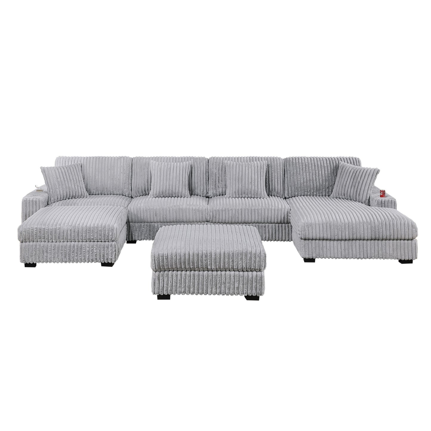 Keira Corduroy Modular U-Sectional Sofa – 6-Piece Set with USB & Cup Holder