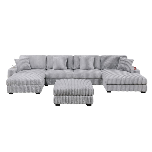 Keira Corduroy Modular U-Sectional Sofa – 6-Piece Set with USB & Cup Holder