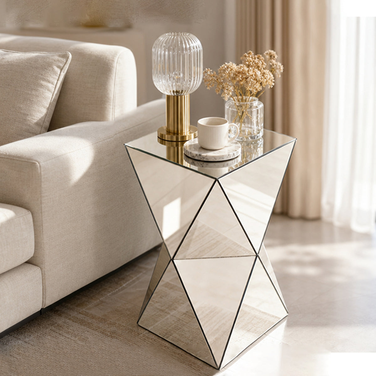 Champagne Mirrored Geometric Side Table, Modern Luxe Accent End Table, Reflective Mirror Decorative Nightstand Sofa Side