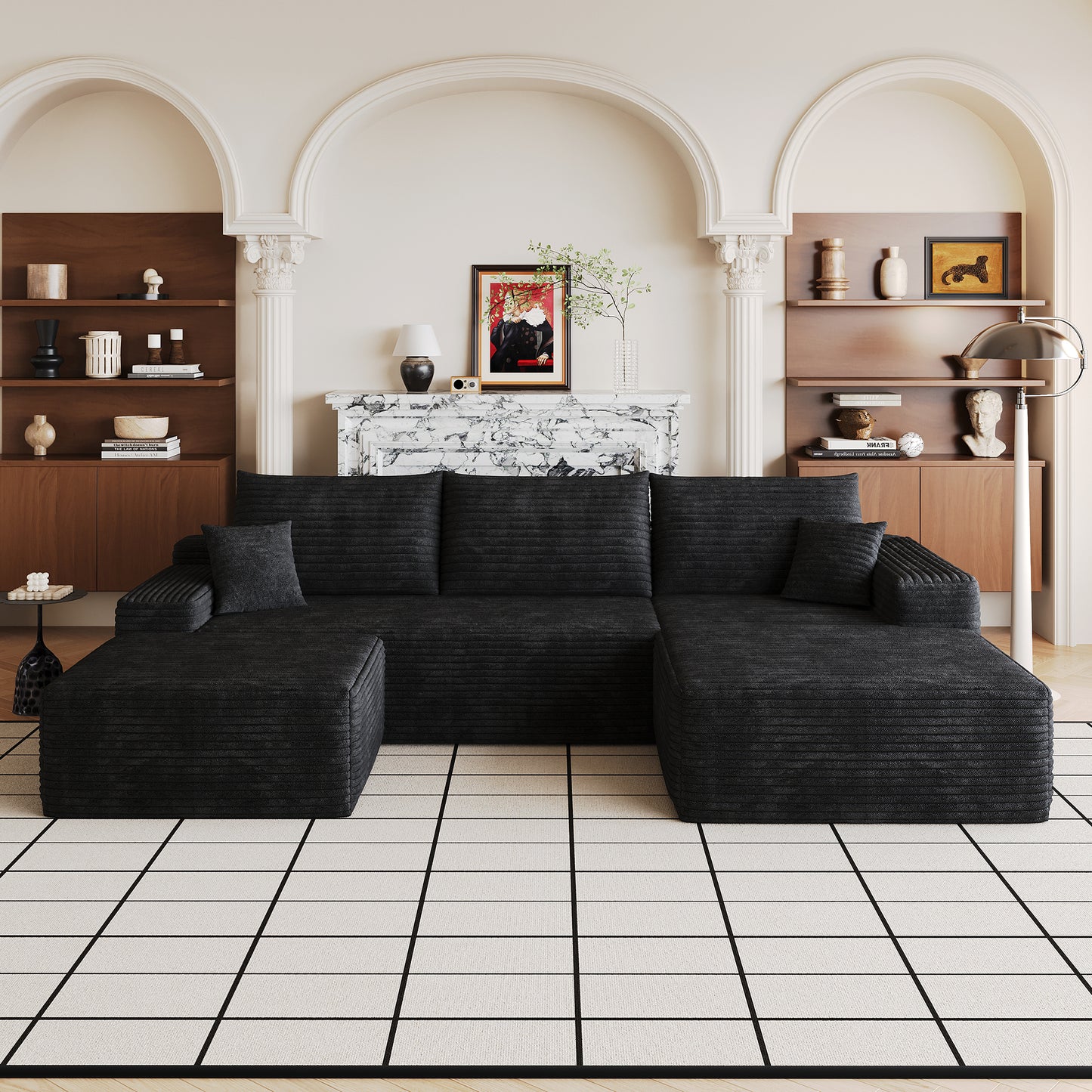 Winnie Corduroy Cloud Sectional – 107" Black U-Shape Sofa with Ottoman