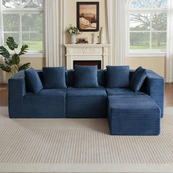 Abernathy Blue Corduroy Modular Sofa – 4-Seat Boneless Compressed Couch