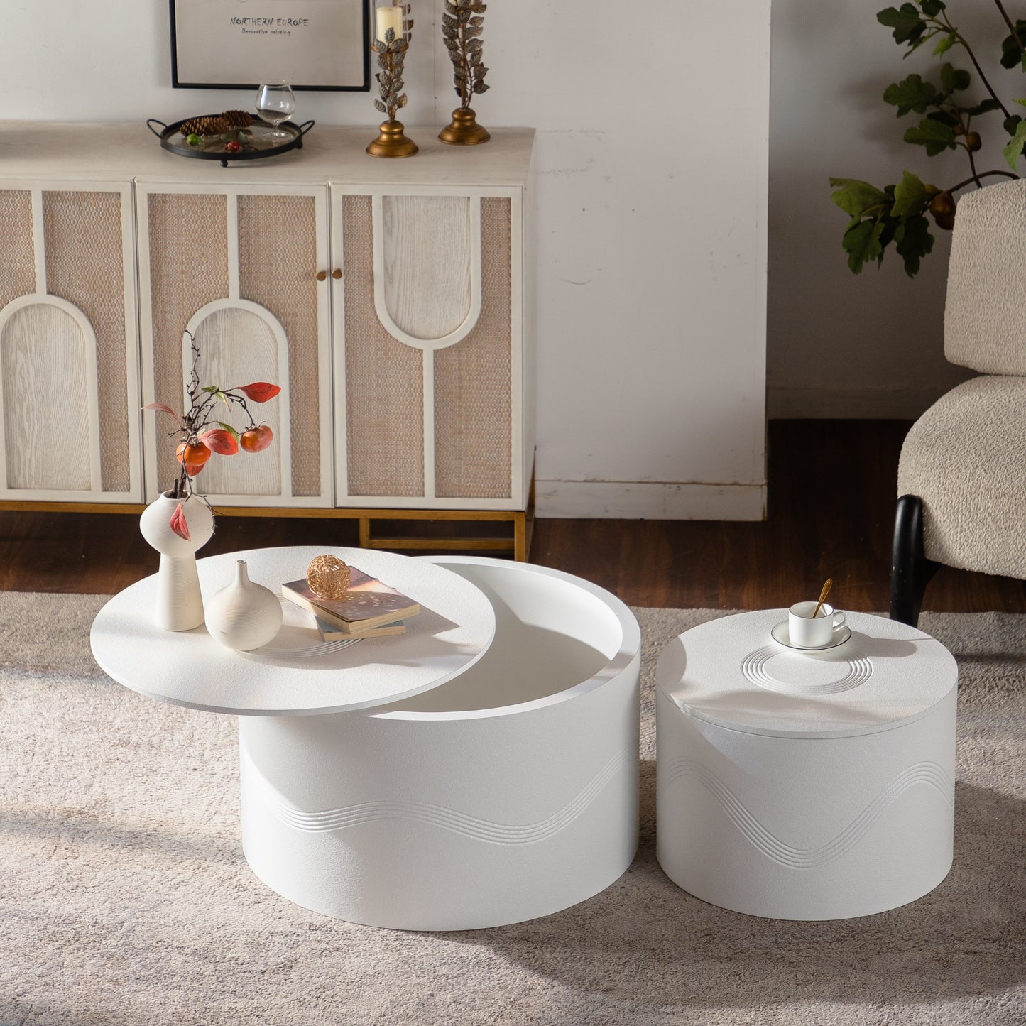 Moss White Wavy Round Storage Coffee Table – 26.8" & 19.7" Accent Tables (Set of 2)
