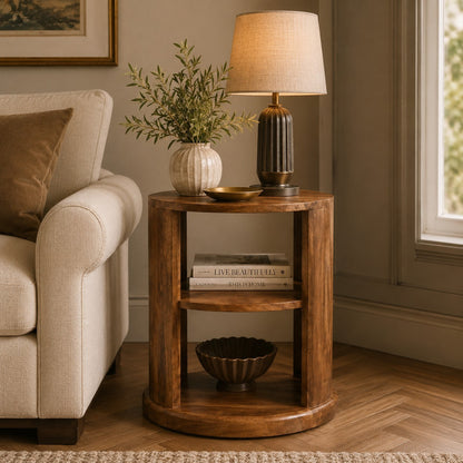 Ventura Golden Teak Mango Wood Side Table – 17.7" Round Open End Table with 2 Shelves