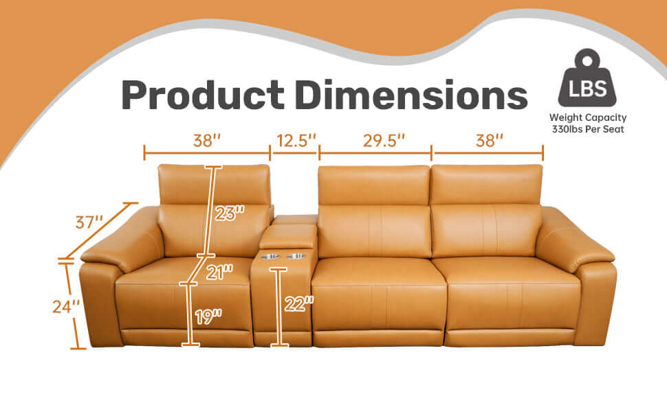 Product dimensions of 118" Modular Leather Recliner Sectional Sofa – 3-seat Power Reclining Sofa with Cup Holders.