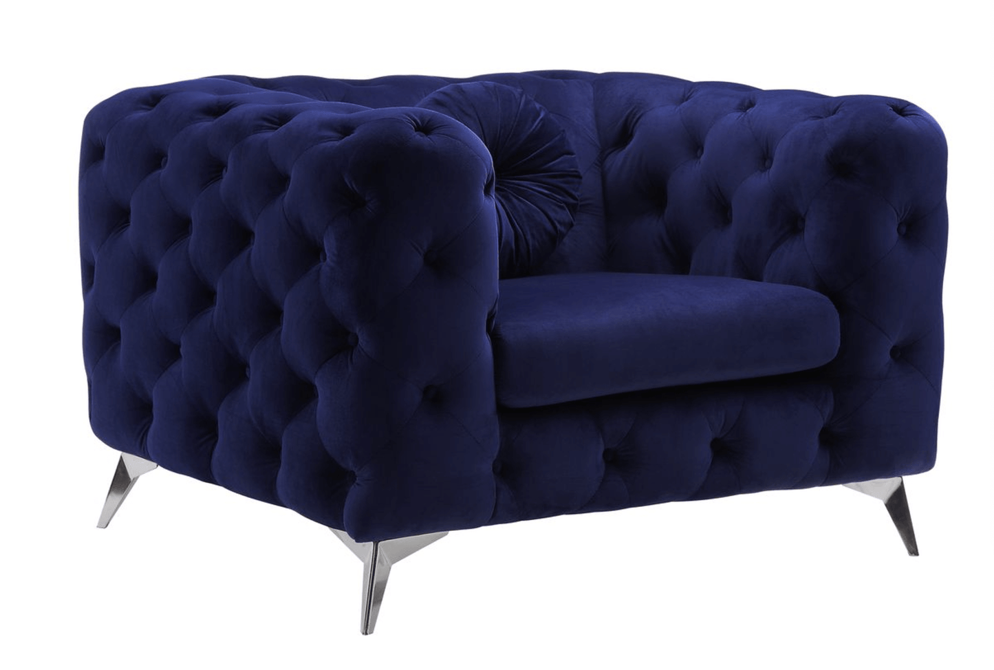 Atronia Luxe Deco Blue Tufted Velvet Armchair 41"W in plush sapphire velvet with high-shelter arms.
