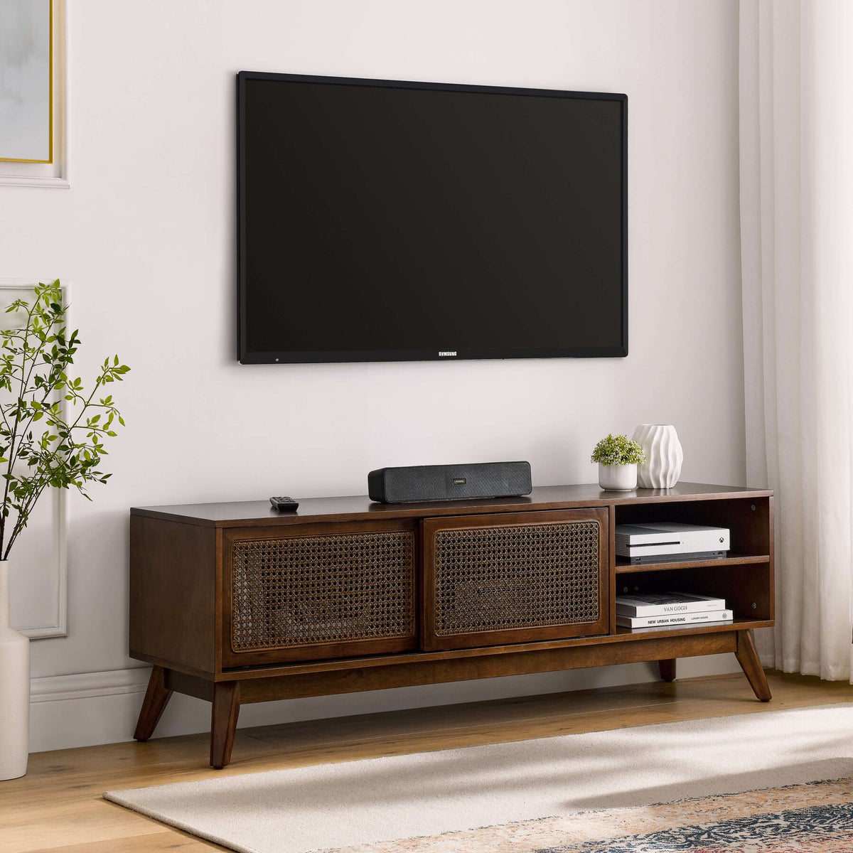 MCM Styled Wood TV Stand Rattan Cabinet Doors, Dark Stain 59" - Revel Sofa 