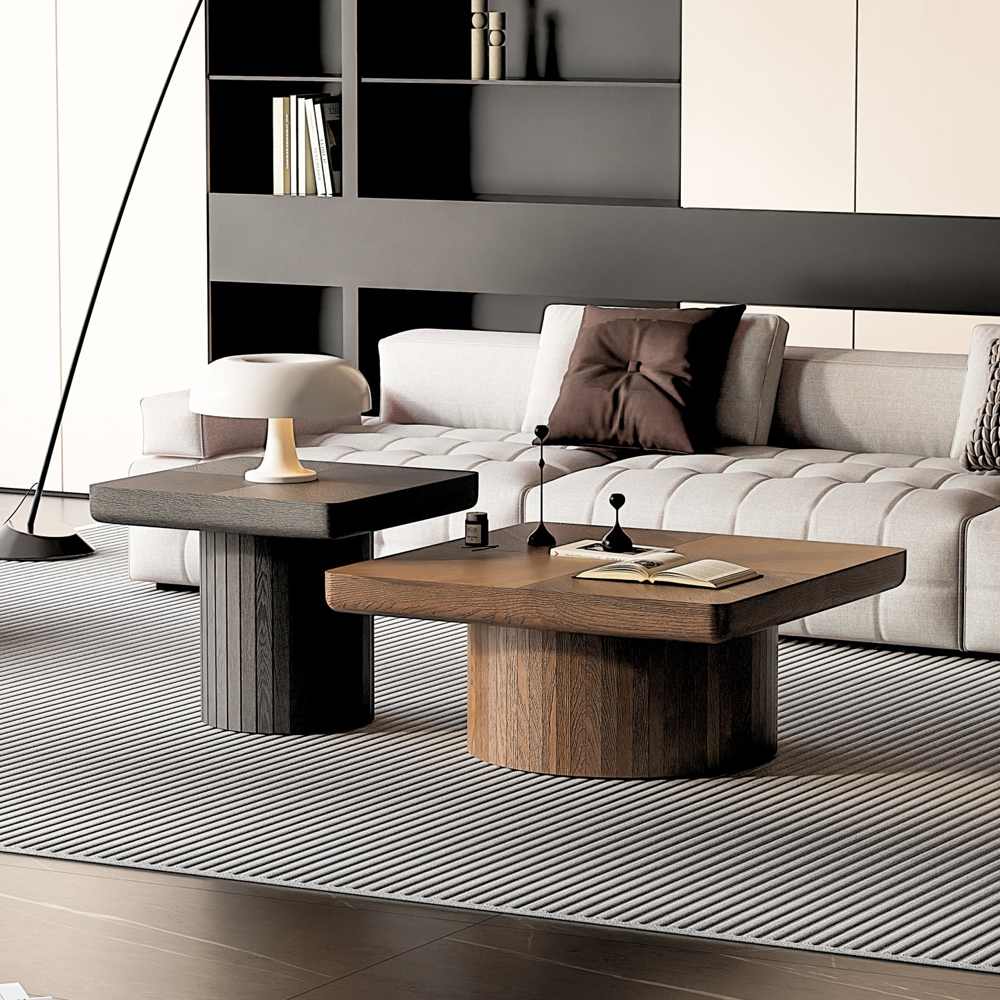 Marlowe Walnut & Black Nesting Coffee Table Set – 2-Piece Fluted Pedestal Design