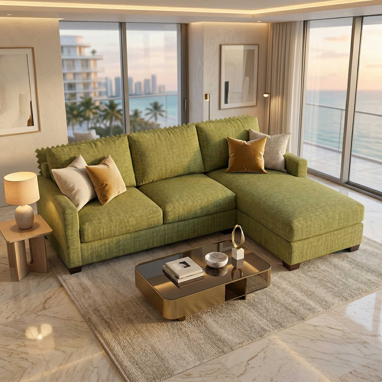 Damon L-Shaped Sectional Sofa – 120" Chaise Sectional in Fabric & Velvet - Notion Appletini - Fabric (2)