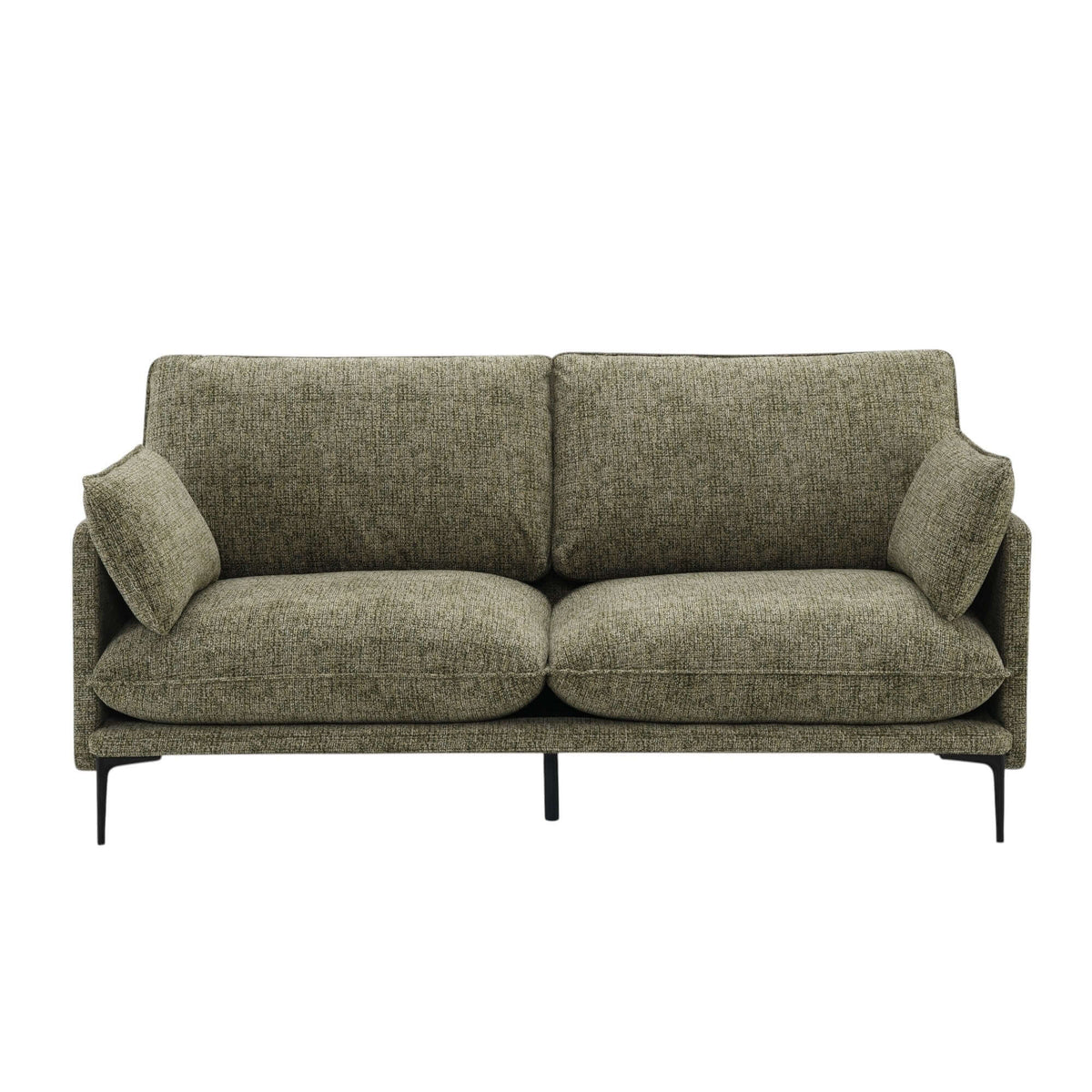 Dalton Green Fabric Loveseat – 75” Modern 2-Seat Sofa with Tufting & Pillows featuring soft fabric and sleek metal legs.
