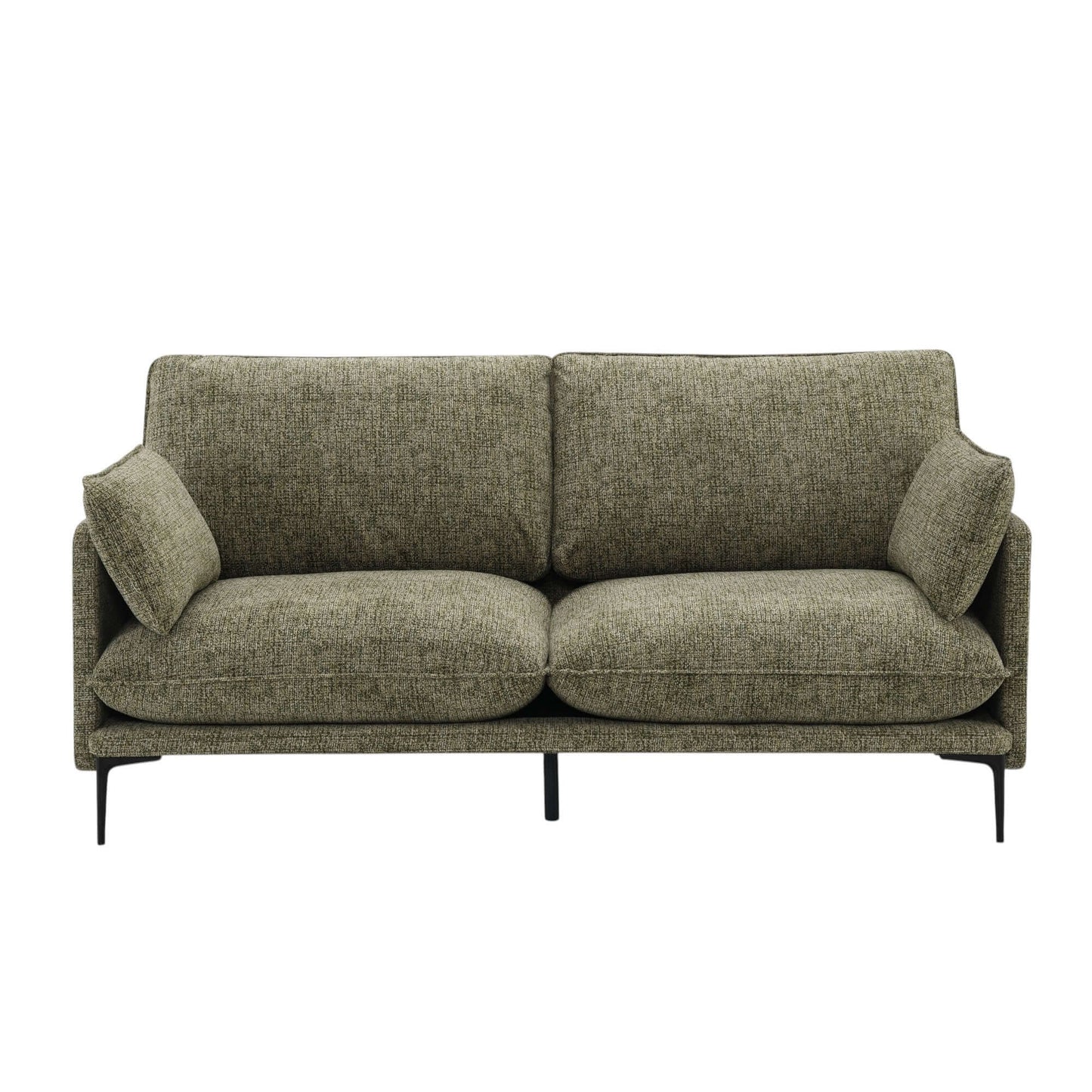 Dalton Green Fabric Loveseat – 75” Modern 2-Seat Sofa with Tufting & Pillows featuring soft fabric and sleek metal legs.