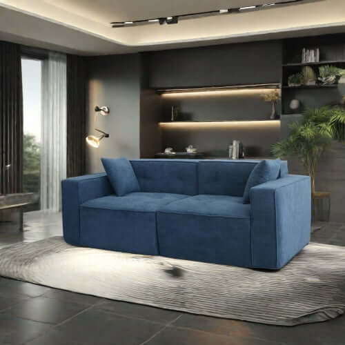 Modern low profile box arm memory foam sofa in blue, offering stylish comfort for contemporary living rooms.