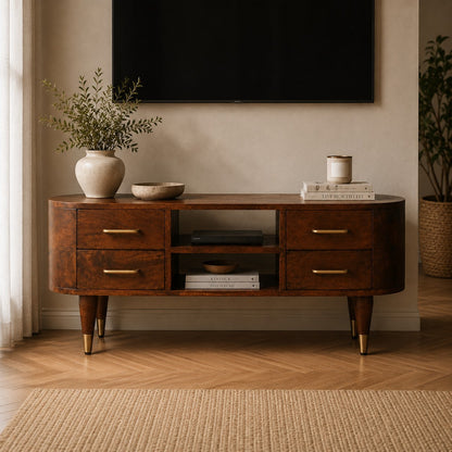 Valenza Chestnut Mango Wood Media Unit – 43.3" Curved 4-Drawer TV Stand with Brass Accents