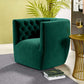 Delaney Tufted Swivel Barrel Chair – Modern Accent Chair (Multiple Colors & Fabrics) in green velvet with tufted back.