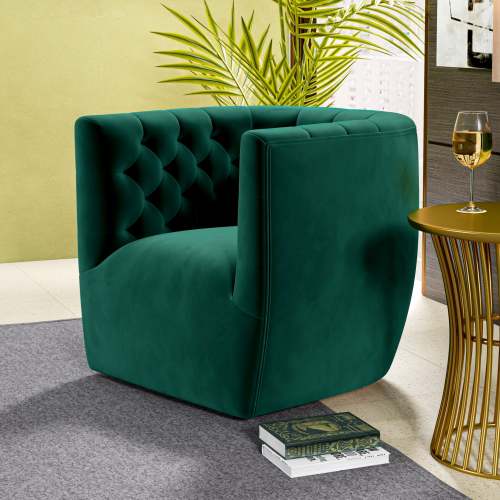 Delaney Tufted Swivel Barrel Chair – Modern Accent Chair (Multiple Colors & Fabrics) in green velvet with tufted back.