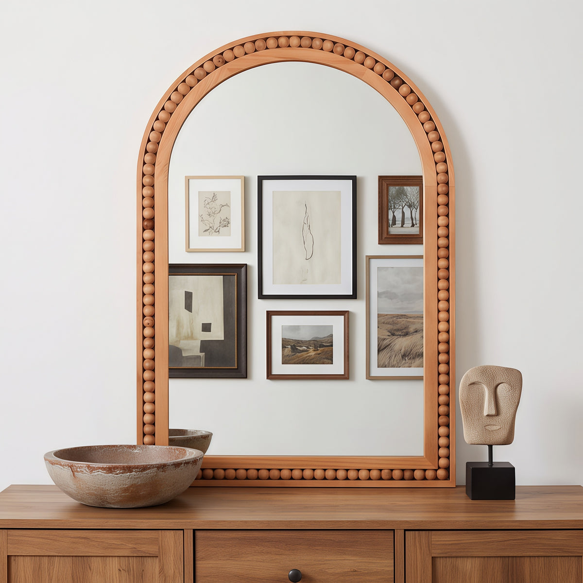 Yellowish Brown 24×36 Inch Arch Wall Mirror With Beaded Solid Wood Frame