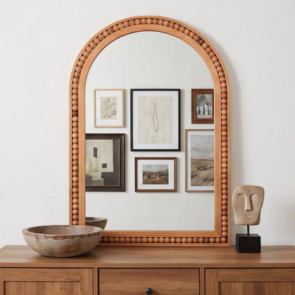 Yellowish Brown 24×36 Inch Arch Wall Mirror With Beaded Solid Wood Frame