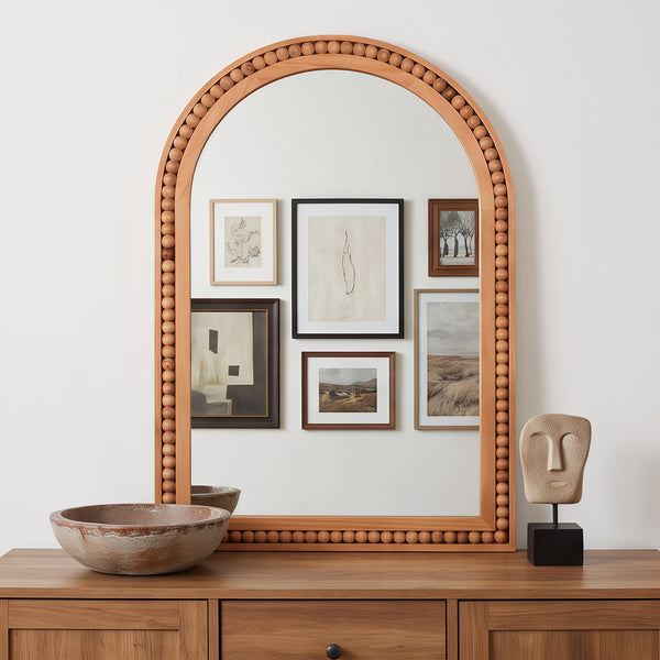 Yellowish Brown 24×36 Inch Arch Wall Mirror With Beaded Solid Wood Frame