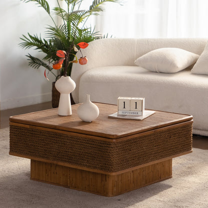 Sienna Rattan and Rope Coffee Table – 31.5" Square Lift-Top with Storage