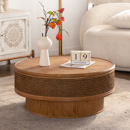 Nyla Natural Rope Round Storage Coffee Table – 31.5" Retro Flip-Top Coffee Table