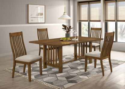 Langston Brown Wood Grain Dining Set – 79" 5-Piece Rectangular Table & 4 Upholstered Chairs