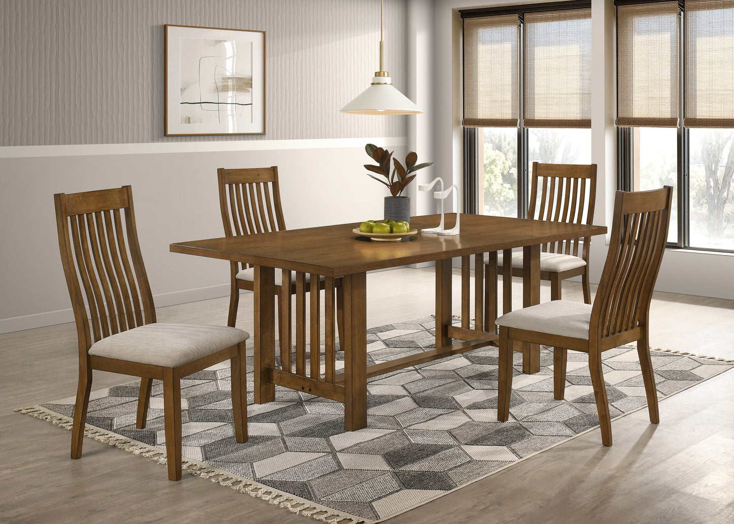 Langston Brown Wood Grain Dining Set – 79" 5-Piece Rectangular Table & 4 Upholstered Chairs