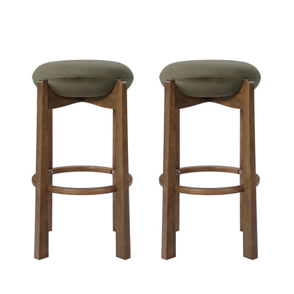 Tara Green Velvet & Dark Walnut Backless Bar Stools – 30" Rubberwood Bar Stools