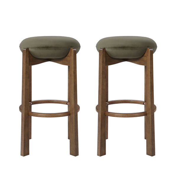 Tara Green Velvet & Dark Walnut Backless Bar Stools – 30