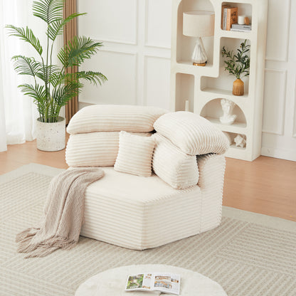 Chalmers Cream Corduroy Lounge Chair – 53" Pentagonal Compressed Foam Chair with Pillows