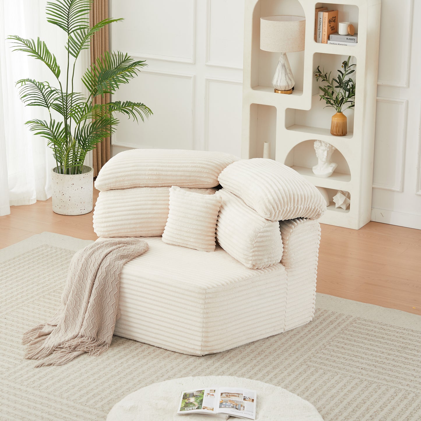 Chalmers Cream Corduroy Lounge Chair – 53" Pentagonal Compressed Foam Chair with Pillows