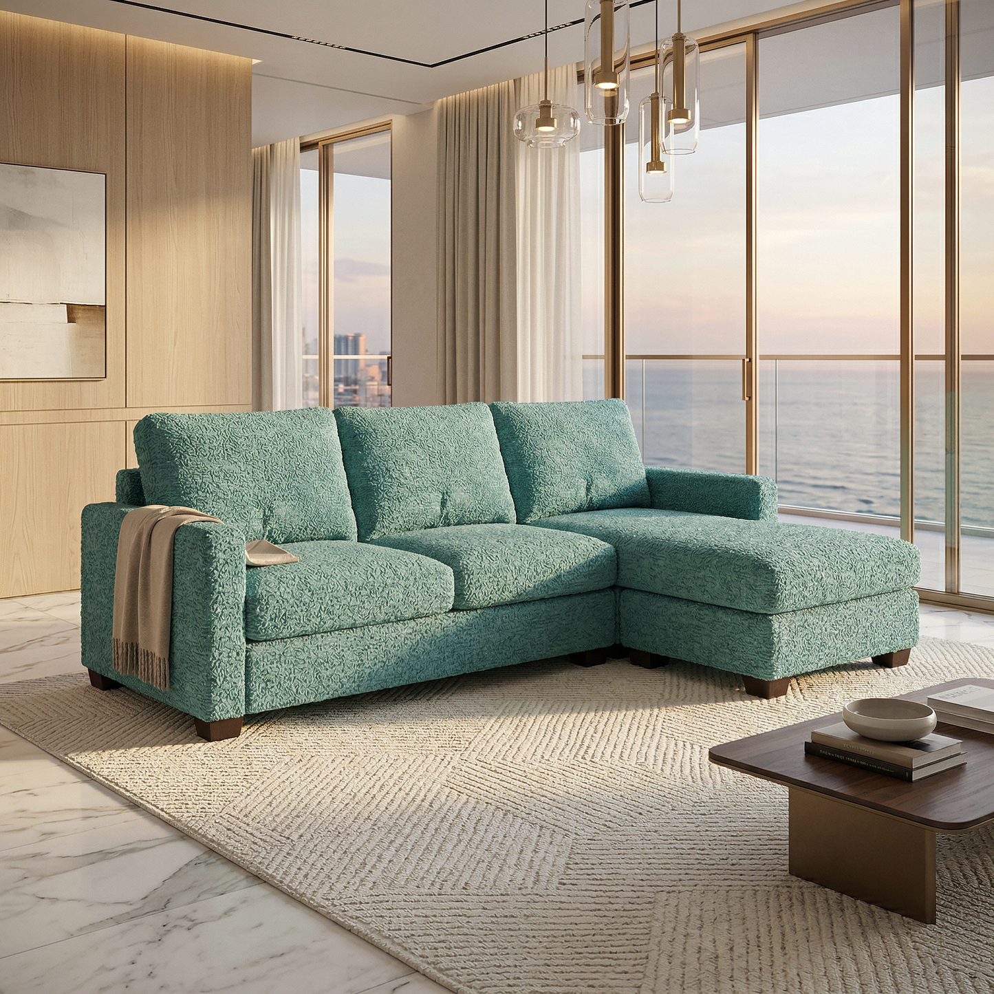 Damon L-Shaped Sectional Sofa – 120" Chaise Sectional in Fabric & Velvet - Hepburn Emerald - Fabric (3)