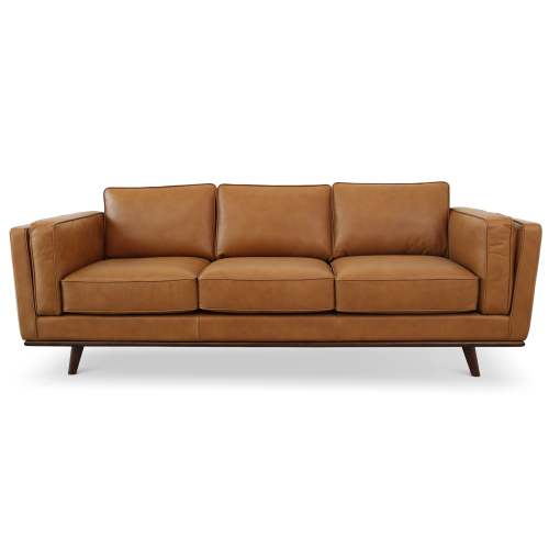 The Ashcroft Furniture Chase MCM Genuine Leather Sofa 91 is a modern three-seater with tan leather upholstery, three seat and back cushions, and angled wooden legs, shown against a white background.