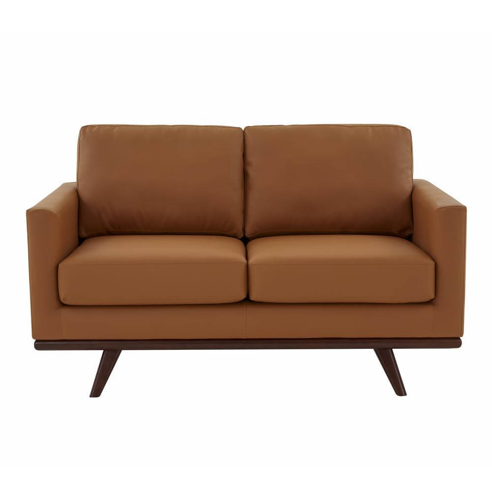 Chester MCM Faux Leather Loveseat Sofa 58" – Mid-Century Modern Compact Couch (5 Colors) in brown faux leather.