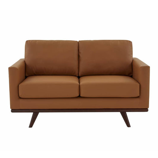 Chester MCM Faux Leather Loveseat Sofa 58" – Mid-Century Modern Compact Couch (5 Colors) in brown faux leather.