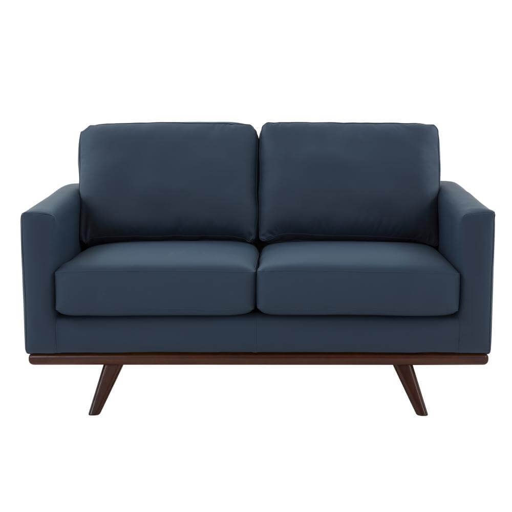 Chester MCM Faux Leather Loveseat Sofa 58" – Mid-Century Modern Compact Couch (5 Colors) in navy blue.