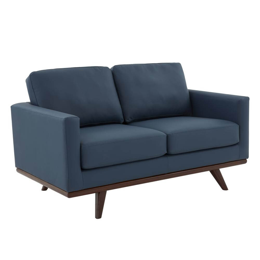 Chester MCM Faux Leather Loveseat Sofa 58" – Mid-Century Modern Compact Couch (5 Colors) in navy blue upholstery.