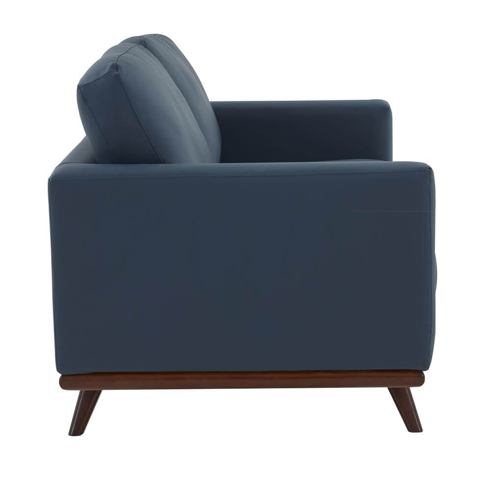 Chester MCM Faux Leather Loveseat Sofa 58" – Mid-Century Modern Compact Couch (5 Colors) side view in blue.