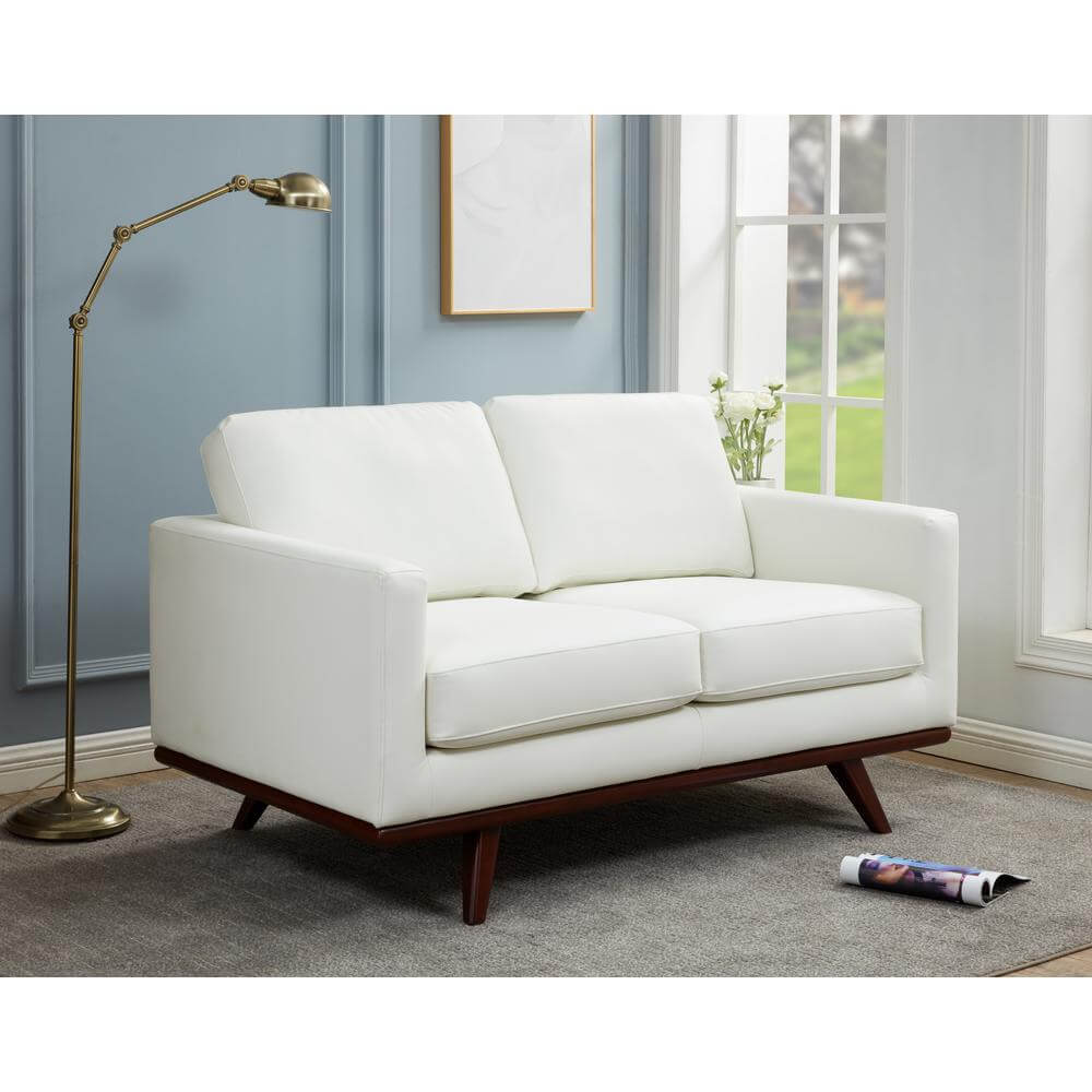 Chester MCM Faux Leather Loveseat Sofa 58" – Mid-Century Modern Compact Couch (5 Colors) in a stylish white design.