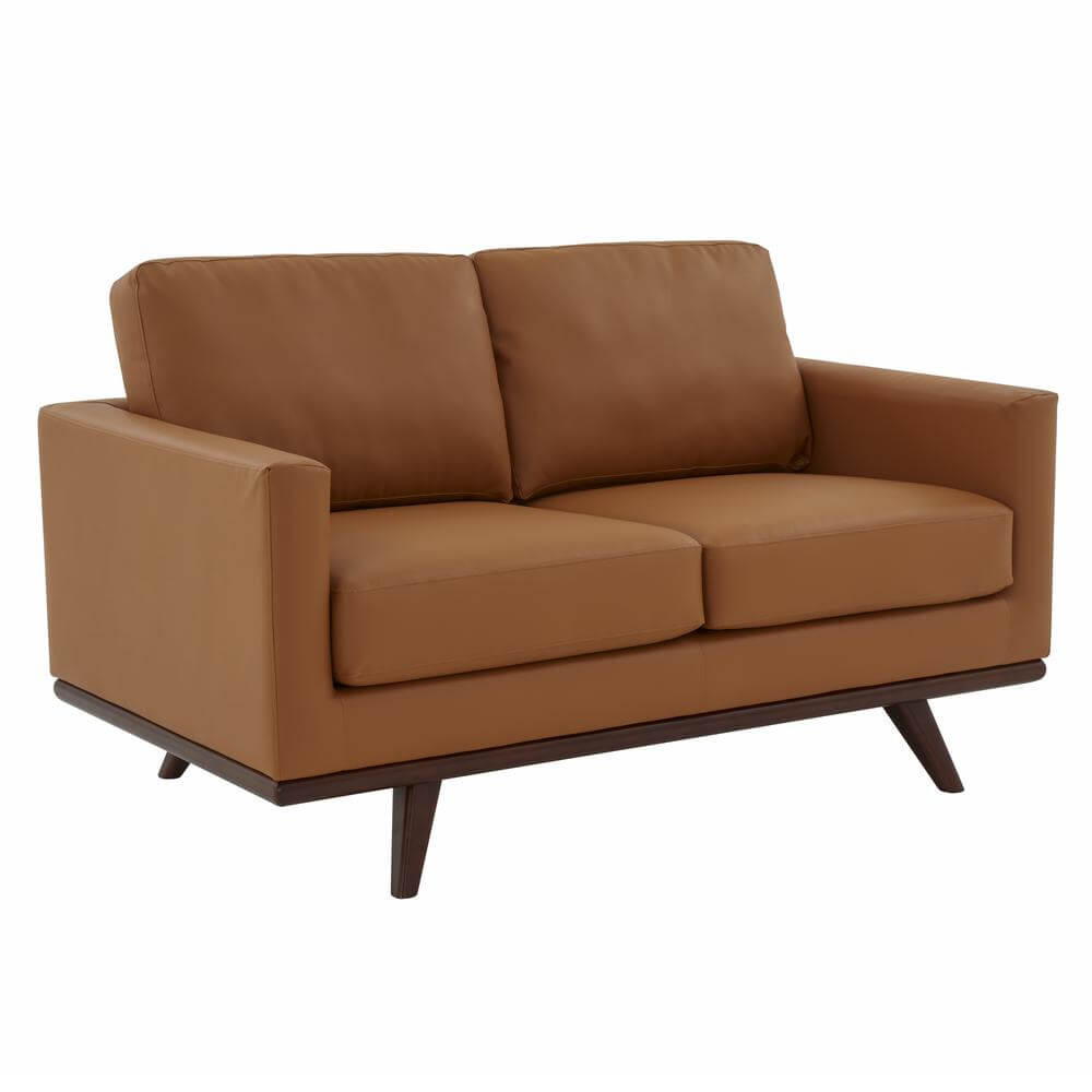 Chester MCM Faux Leather Loveseat Sofa 58" – Mid-Century Modern Compact Couch (5 Colors) in brown faux leather.